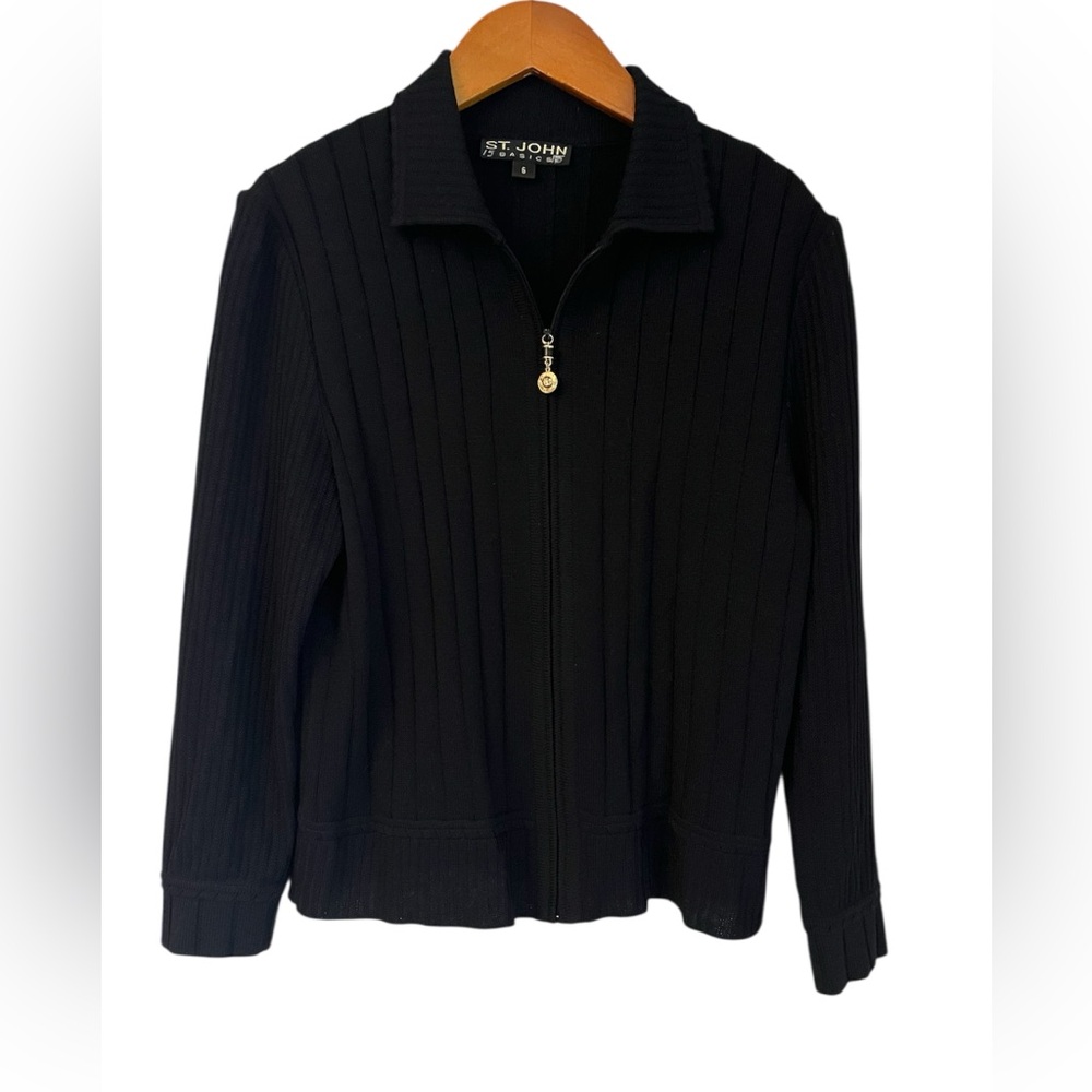 St. John Collection Basic Black Ribbed Knit Zippe… - image 1
